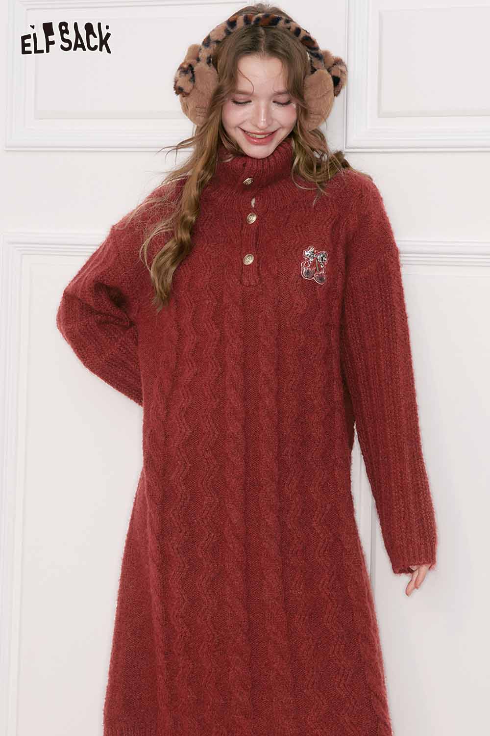 ELFSACK embroidered knit maxi dress in rich burgundy with a stylish button detail and cozy fit