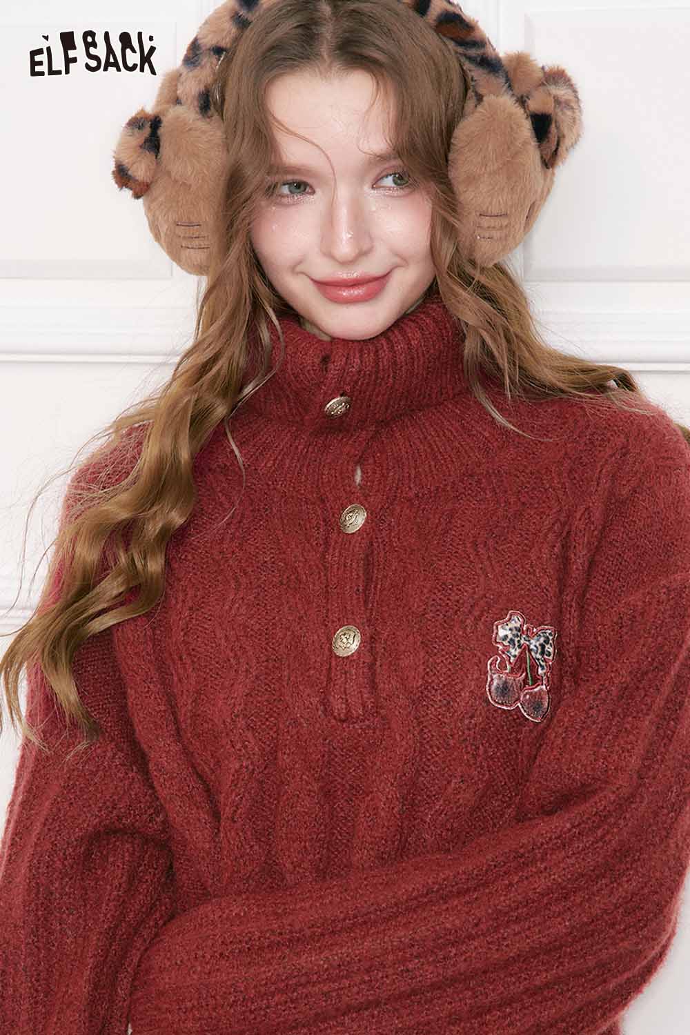 ELFSACK embroidered knit maxi dress in rich red with cozy turtleneck and unique button detailing