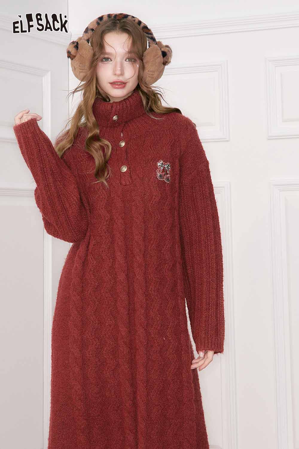 ELFSACK embroidered knit maxi dress in rust color with a cozy high neckline and button details