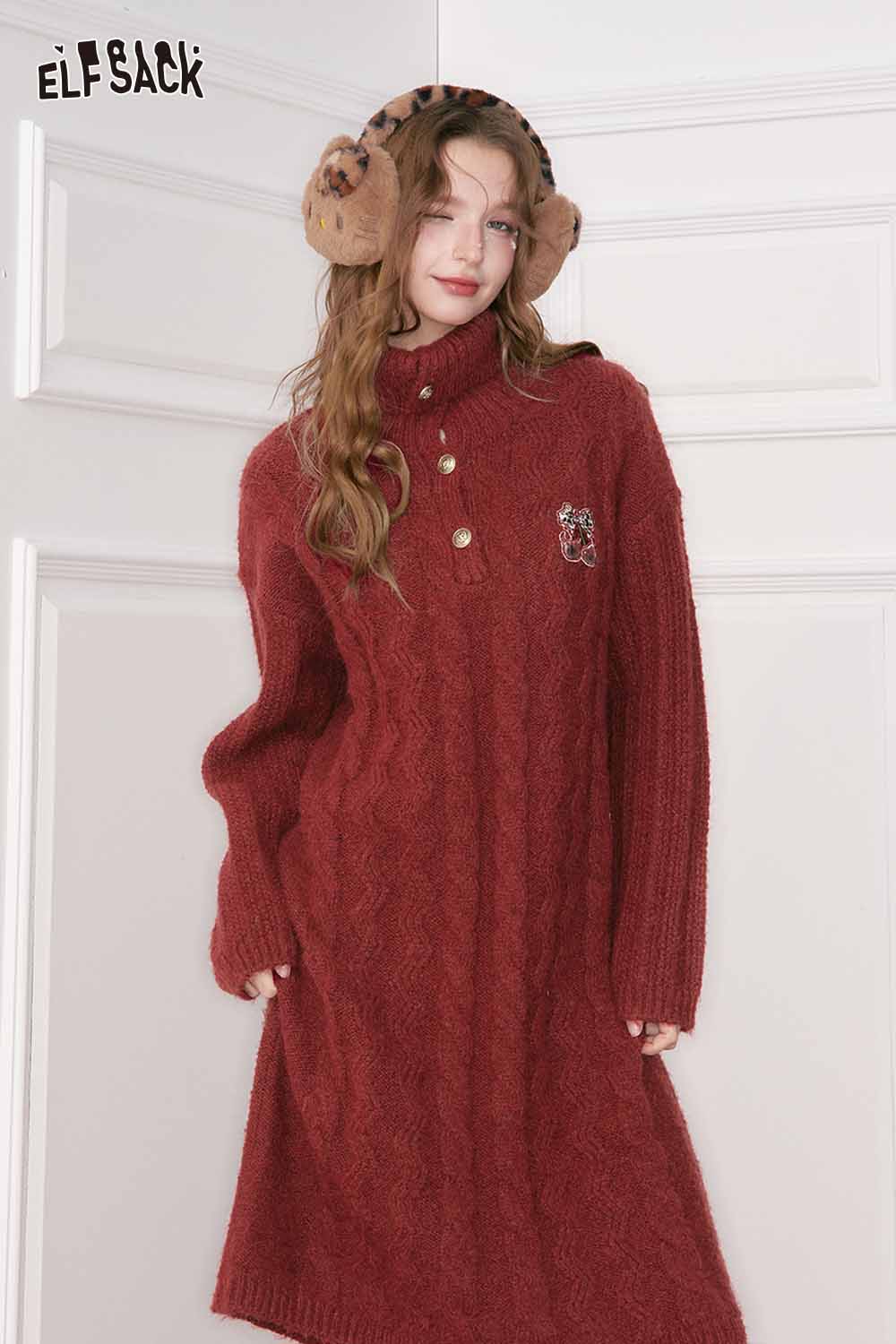 ELFSACK embroidered knit maxi dress in burgundy with a cozy cable knit design and button details