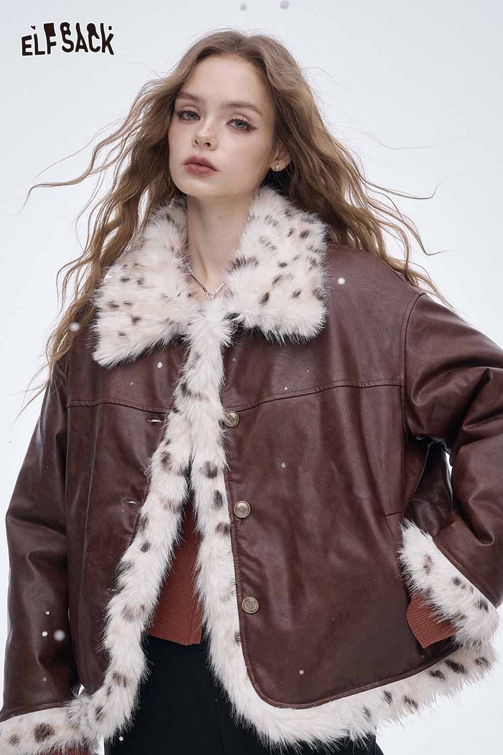 ELFSACK embroidered knit V neck sweater paired with a stylish faux fur jacket for a trendy look