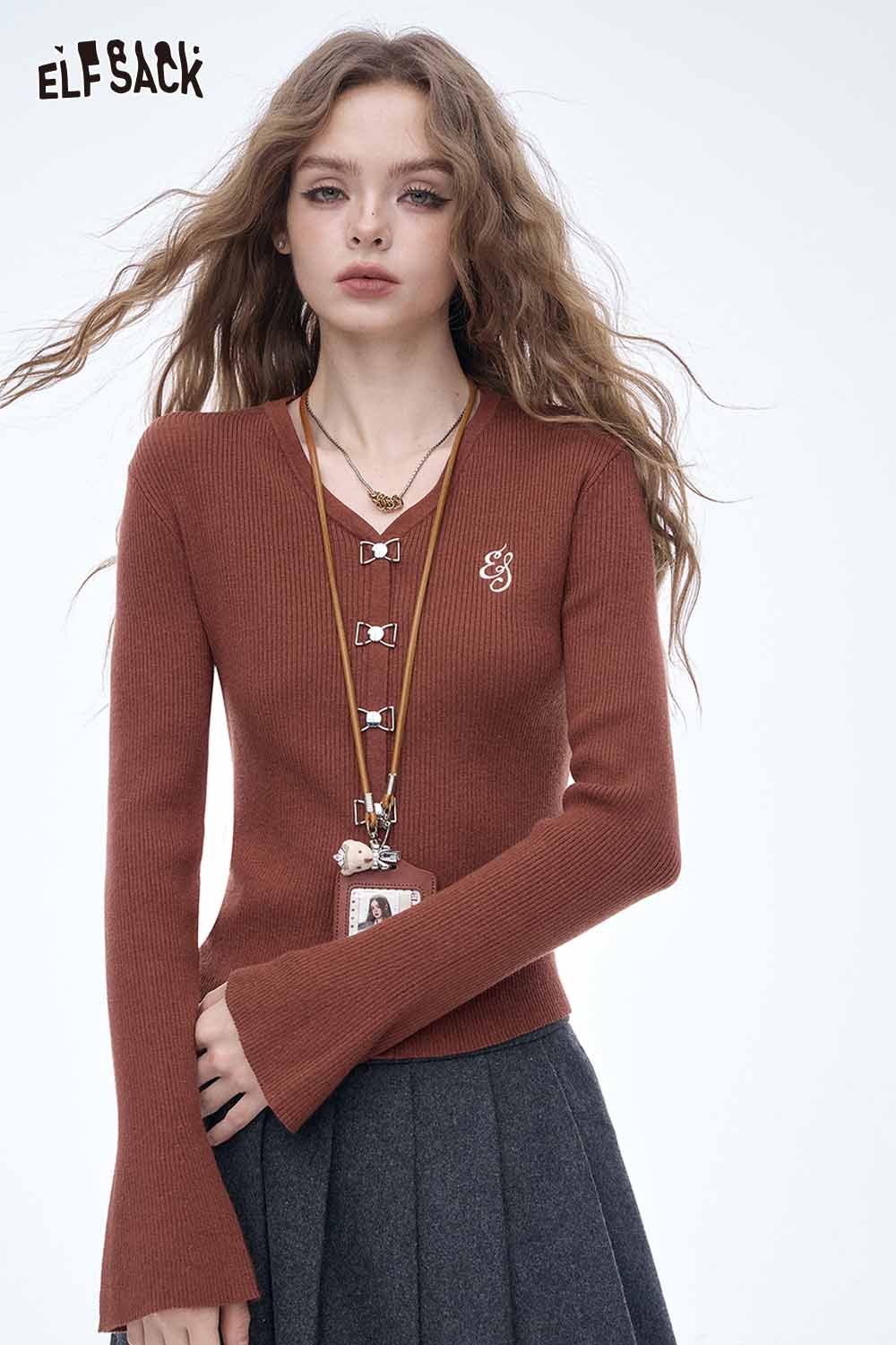 ELFSACK embroidered knit V neck sweater in brown with bell sleeves and stylish button details