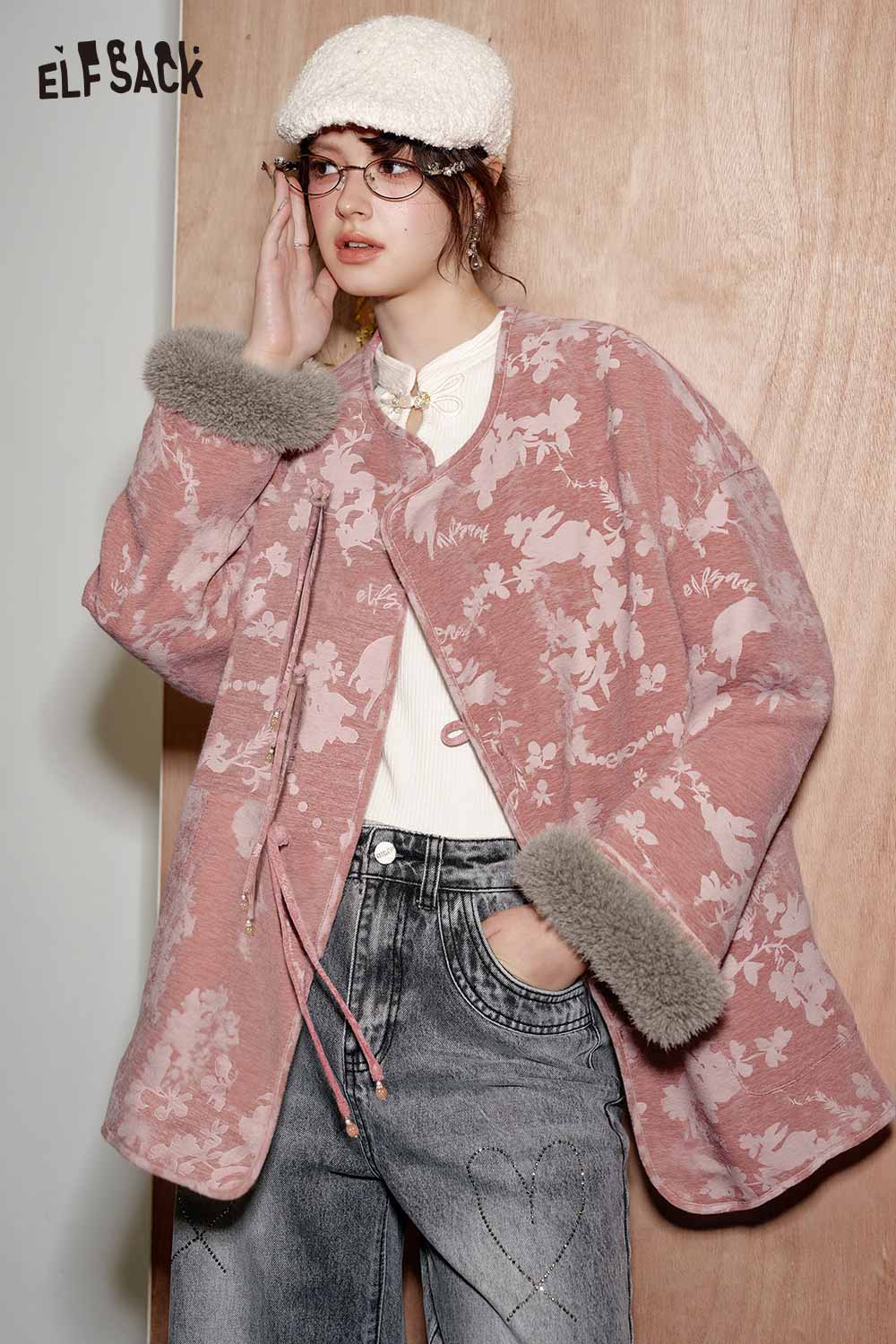 ELFSACK ethnic print plush trim coat in soft pink with floral patterns and cozy cuffs