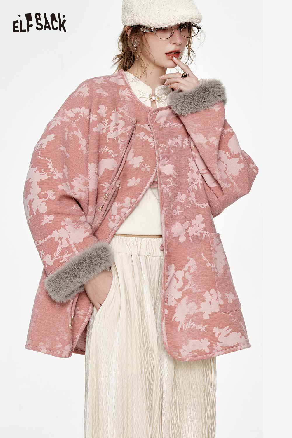 ELFSACK ethnic print plush trim coat in soft pink for a cozy and stylish winter look