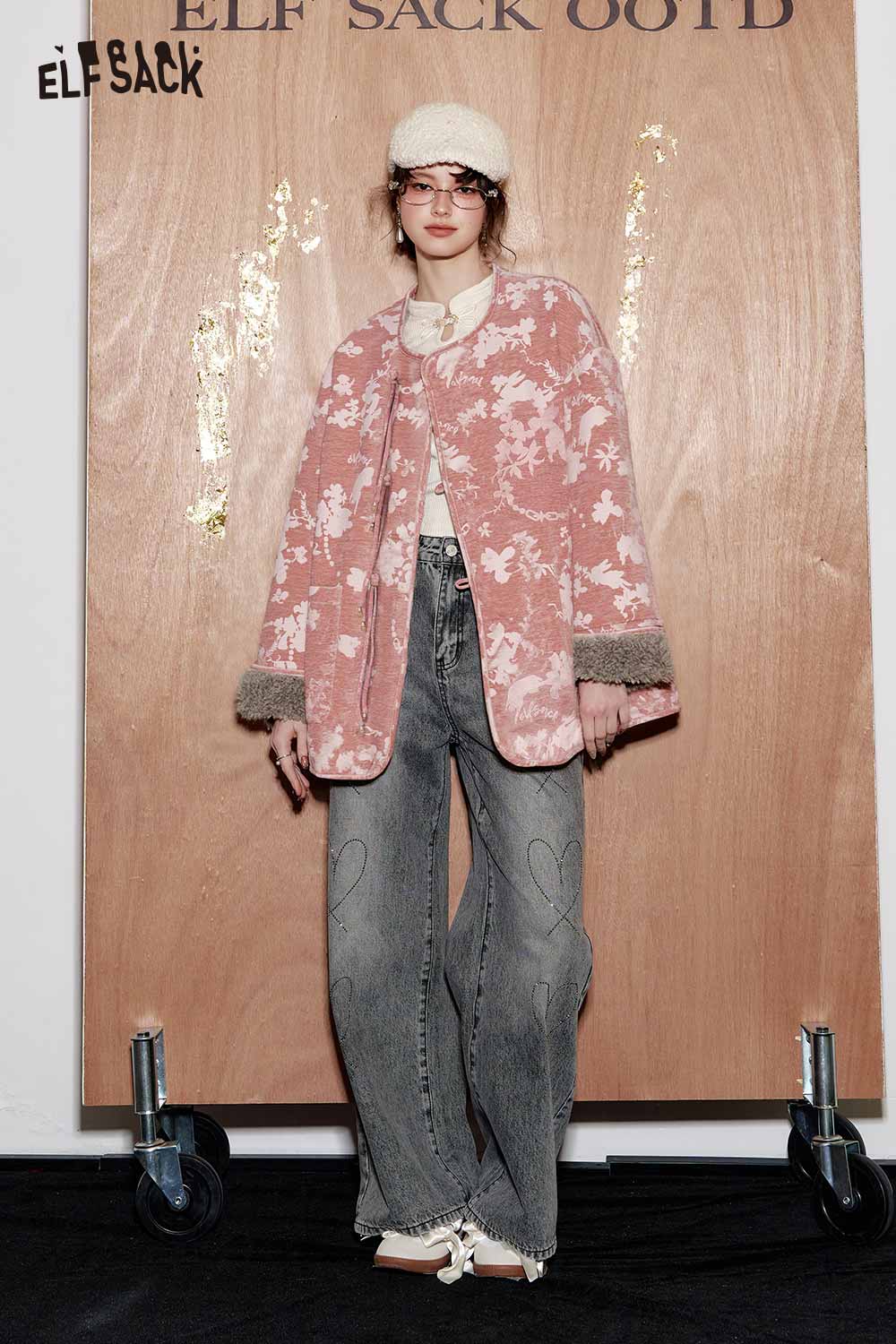 ELFSACK ethnic print plush trim coat in pink with floral patterns and cozy design for stylish warmth