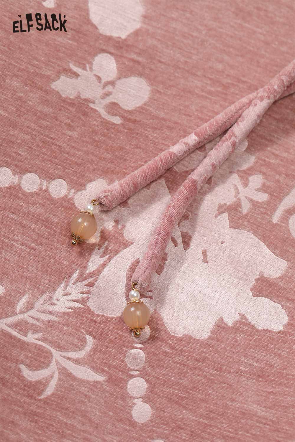 ELFSACK ethnic print plush trim coat with decorative drawstrings and floral design