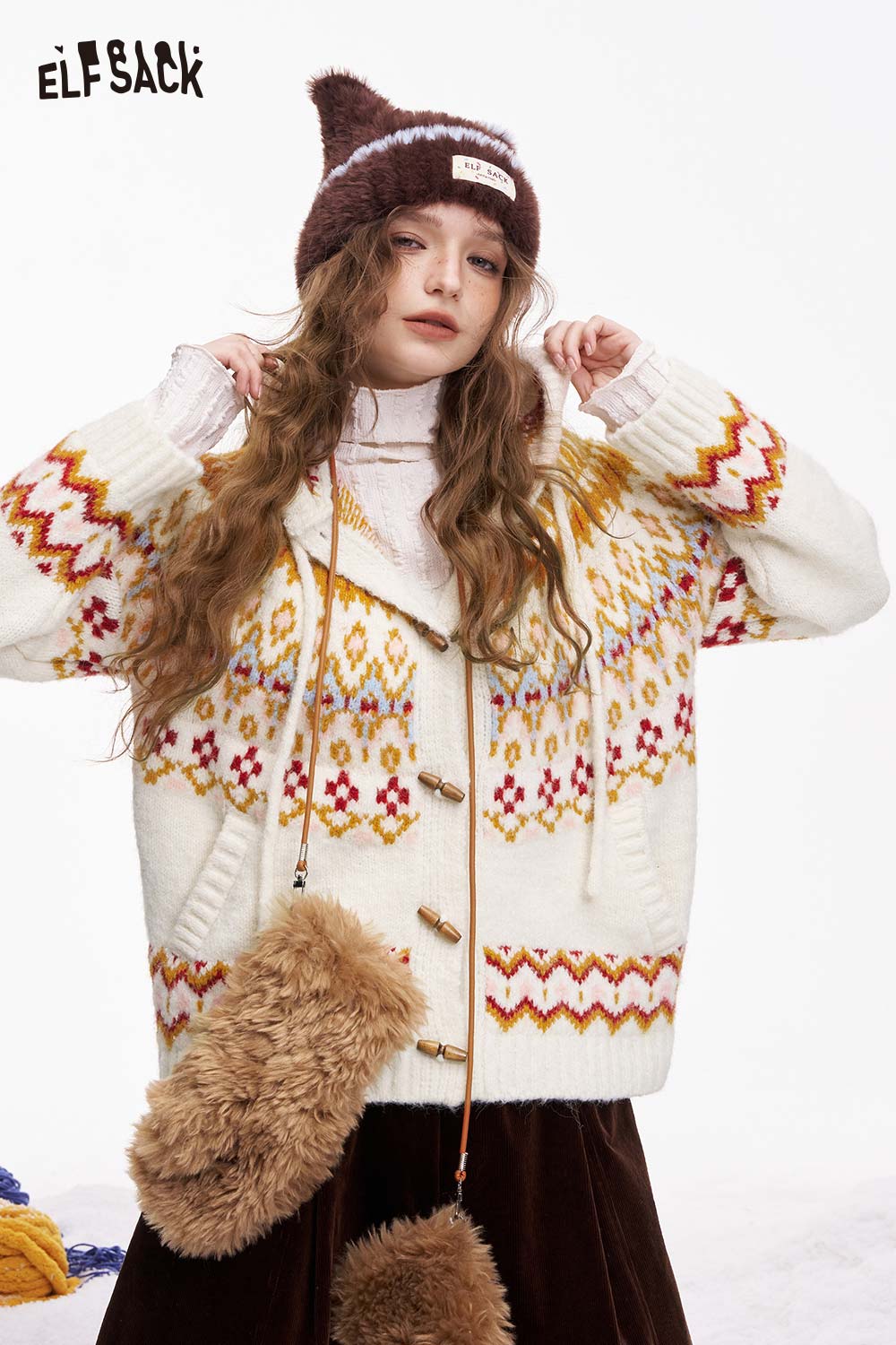 ELFSACK Fair Isle hooded cardigan for women with colorful patterns and button closure