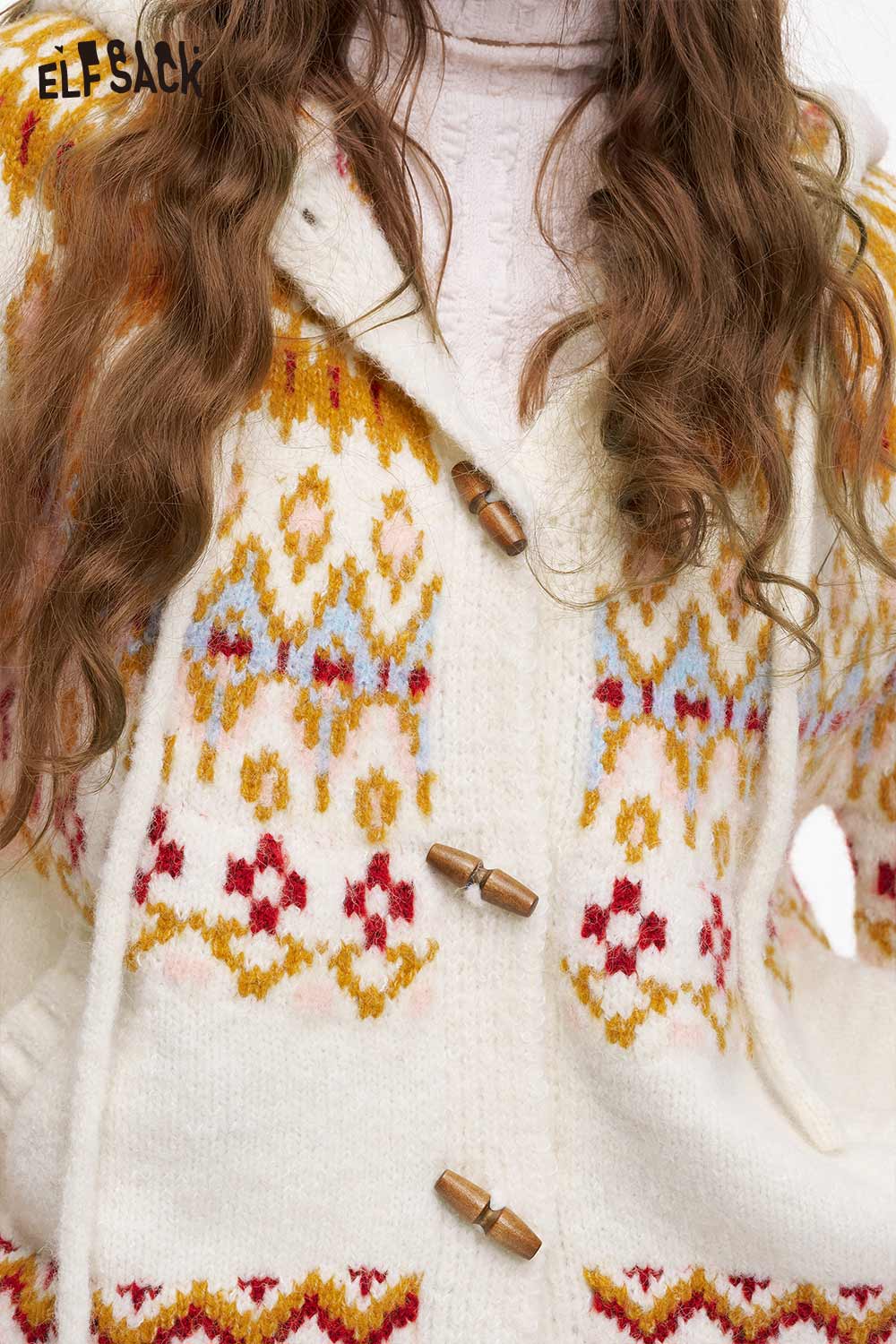Cozy ELFSACK Fair Isle hooded cardigan for women with colorful patterns and wooden buttons