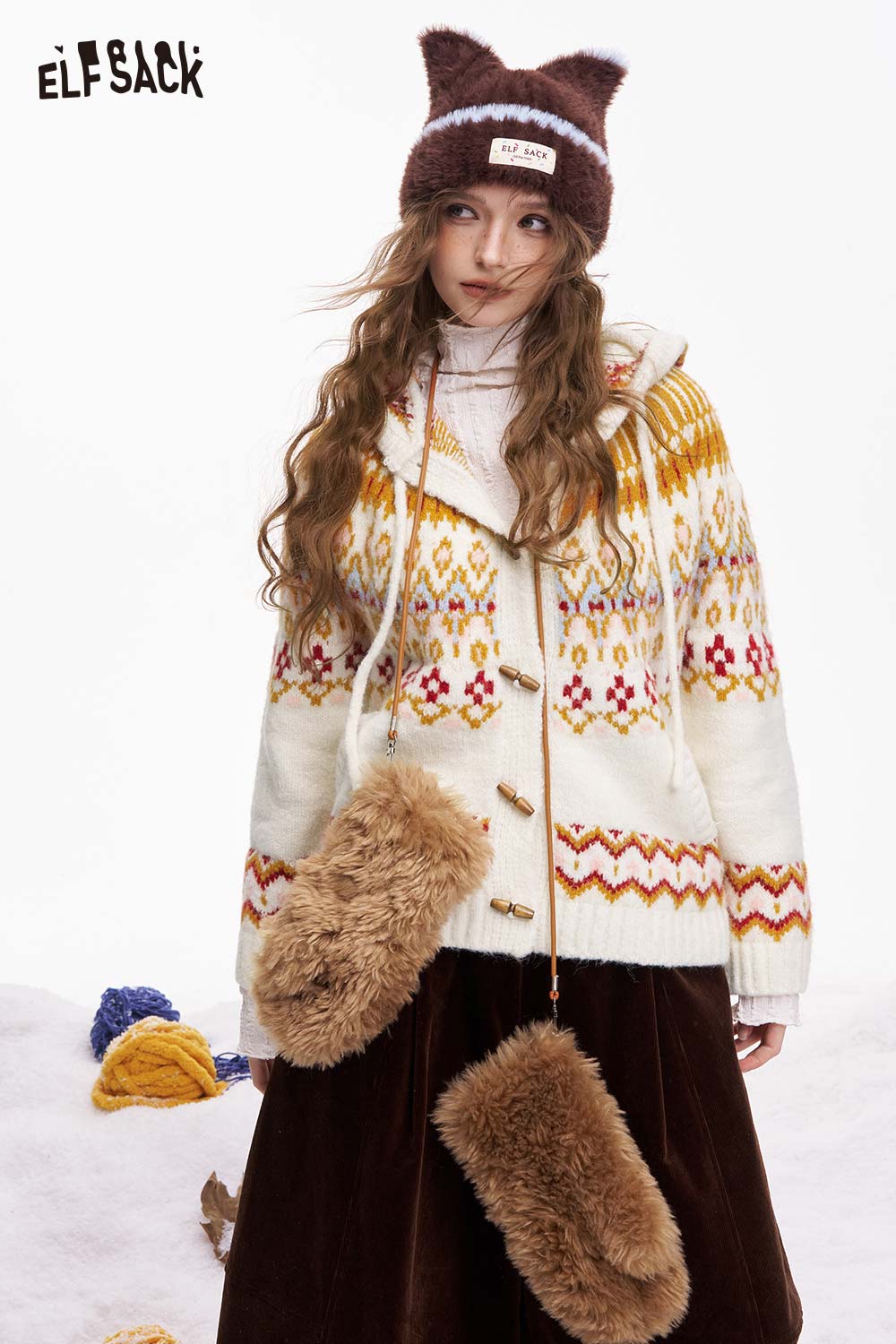 ELFSACK Fair Isle hooded cardigan for women in cream with colorful patterns, paired with a cute hat