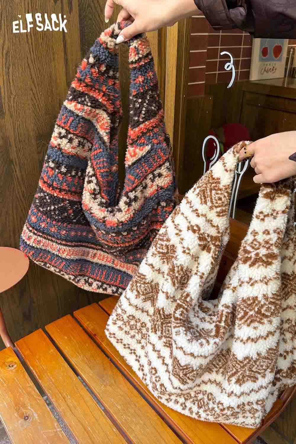 Two Fair Isle tote bags in rich patterns, perfect for stylish daily use by ELFSACK