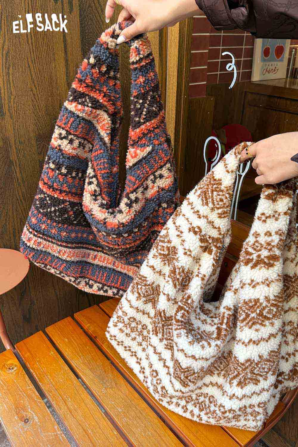 Two stylish ELFSACK Fair Isle tote bags in earthy tones, perfect for casual outings and everyday use
