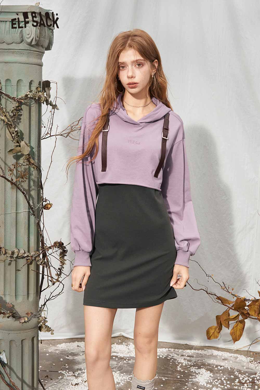 Fake Two Piece Hooded Sweatshirt Strap Bodycon Mini Dress
