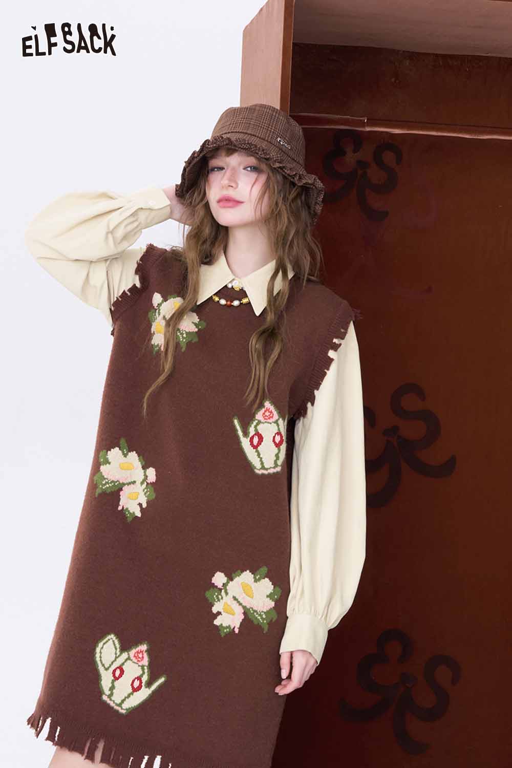 ELFSACK fake two piece long dress featuring floral patterns and a stylish collared design