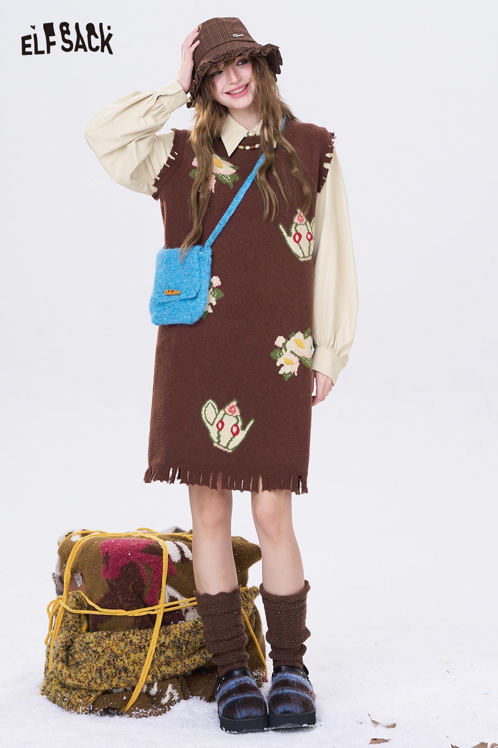 ELFSACK fake two piece long dress in brown with floral design, perfect for casual outings