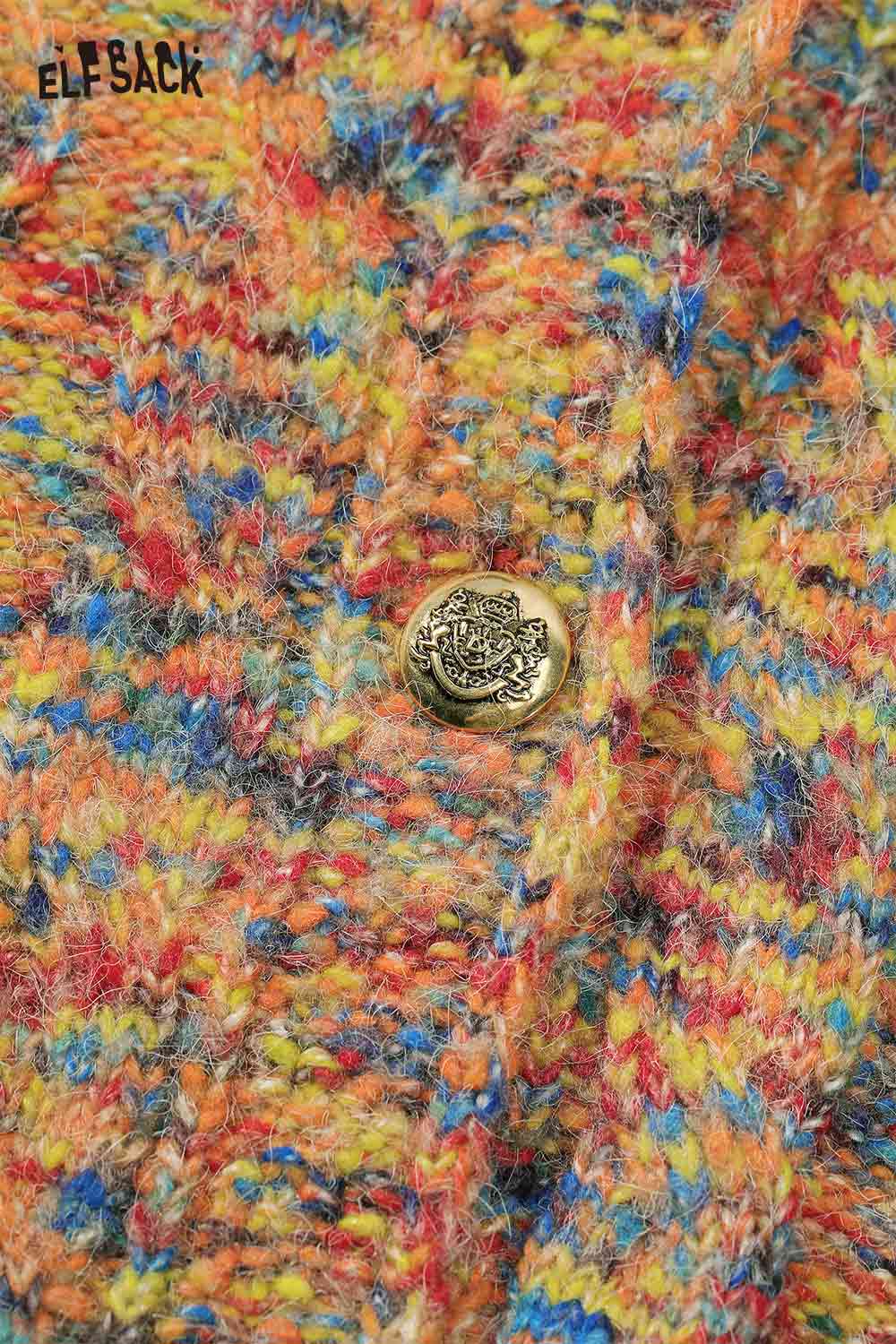 Close-up of a colorful texture showcasing a button on a cropped high neck sweater for women by ELFSACK
