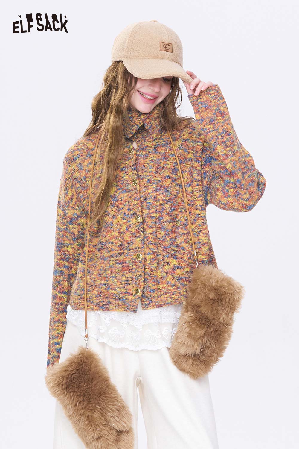 ELFSACK cropped high neck sweater for women in multicolor with button details and a casual fit