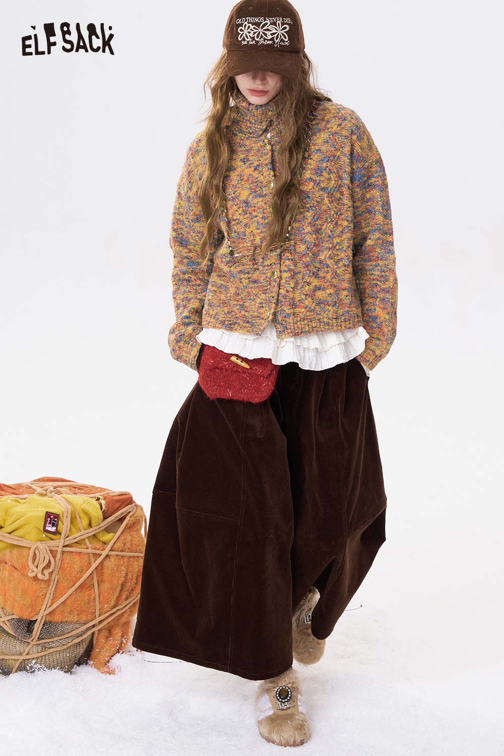 ELFSACK cropped high neck sweater for women in colorful knit, styled with a brown skirt and hat