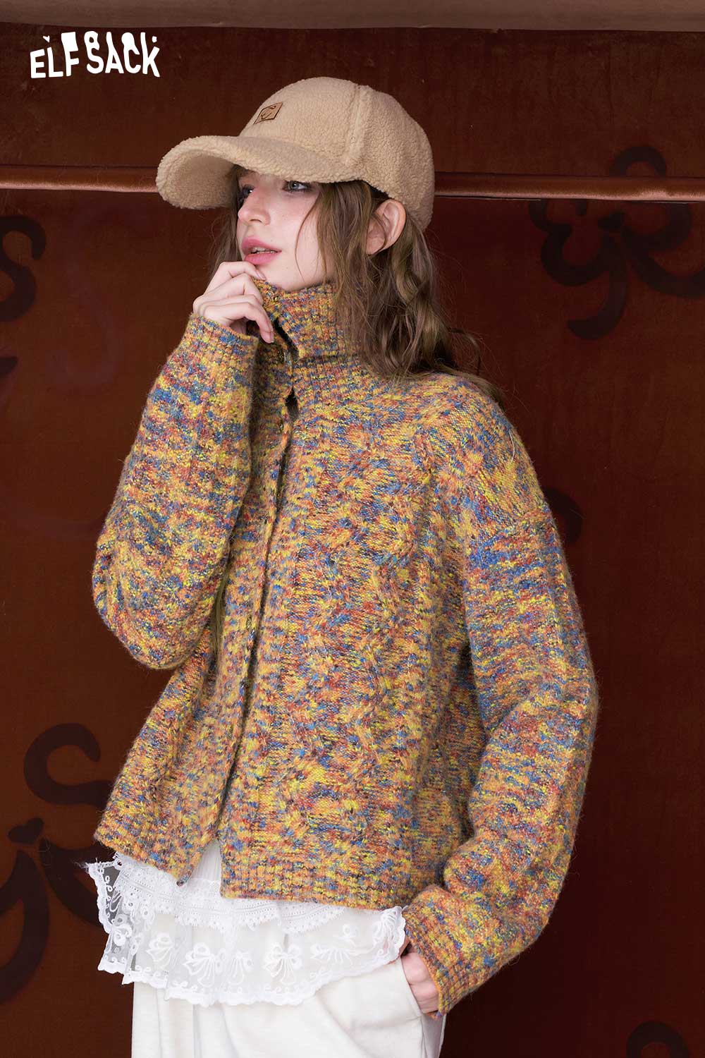 ELFSACK cropped high neck sweater for women in colorful knit design, perfect for layering and style