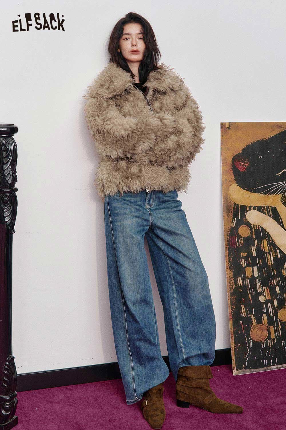 ELFSACK faux fur ombre cropped jacket styled with wide-leg jeans for a chic winter look
