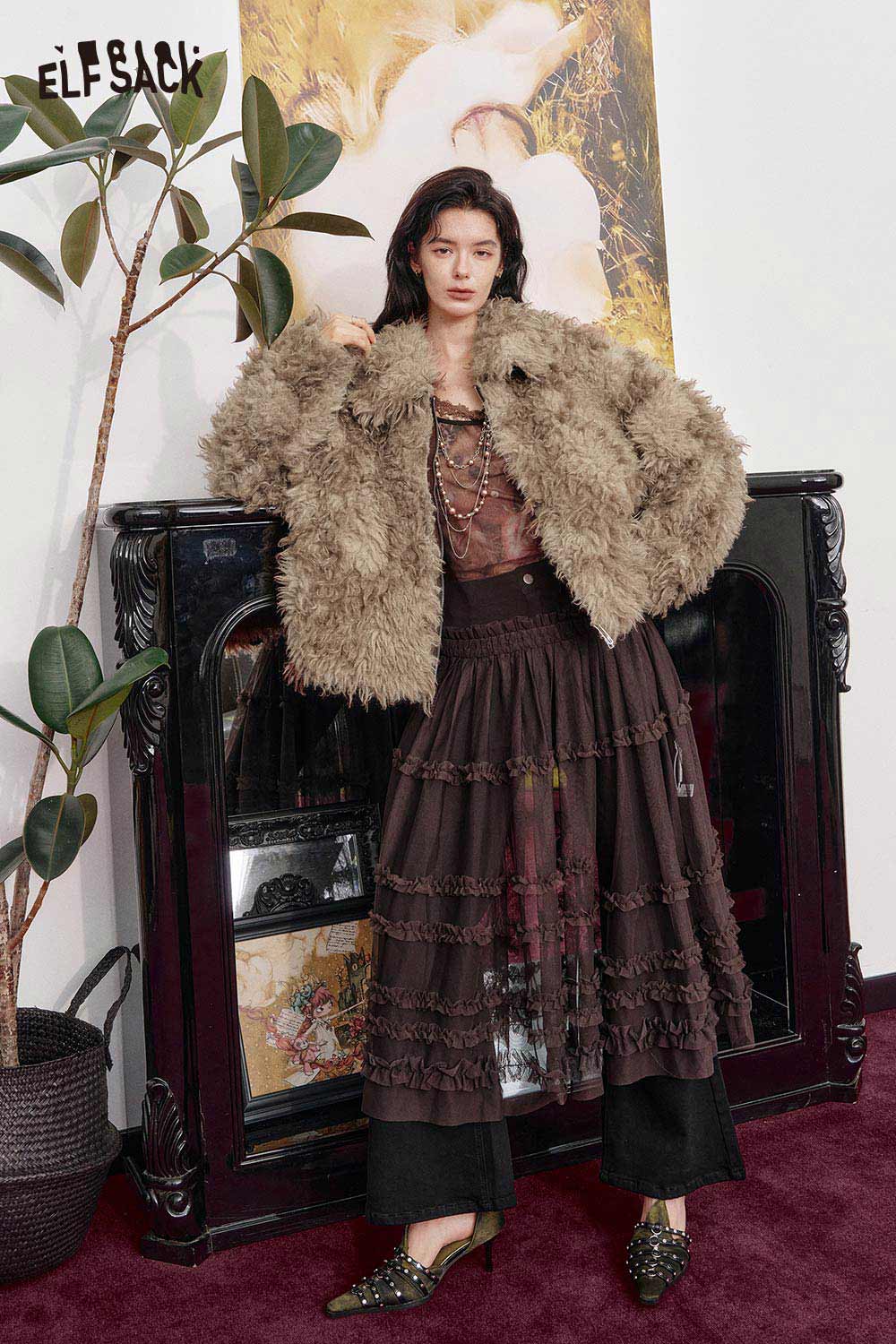 ELFSACK faux fur ombre cropped jacket styled with a layered dress and chic accessories