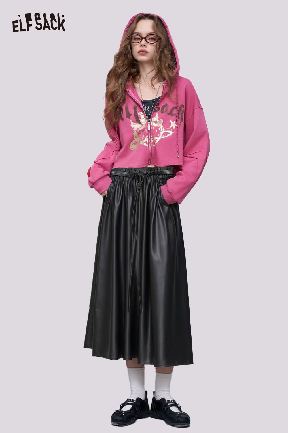 ELFSACK faux leather maxi skirt styled with a pink hoodie for a trendy casual look
