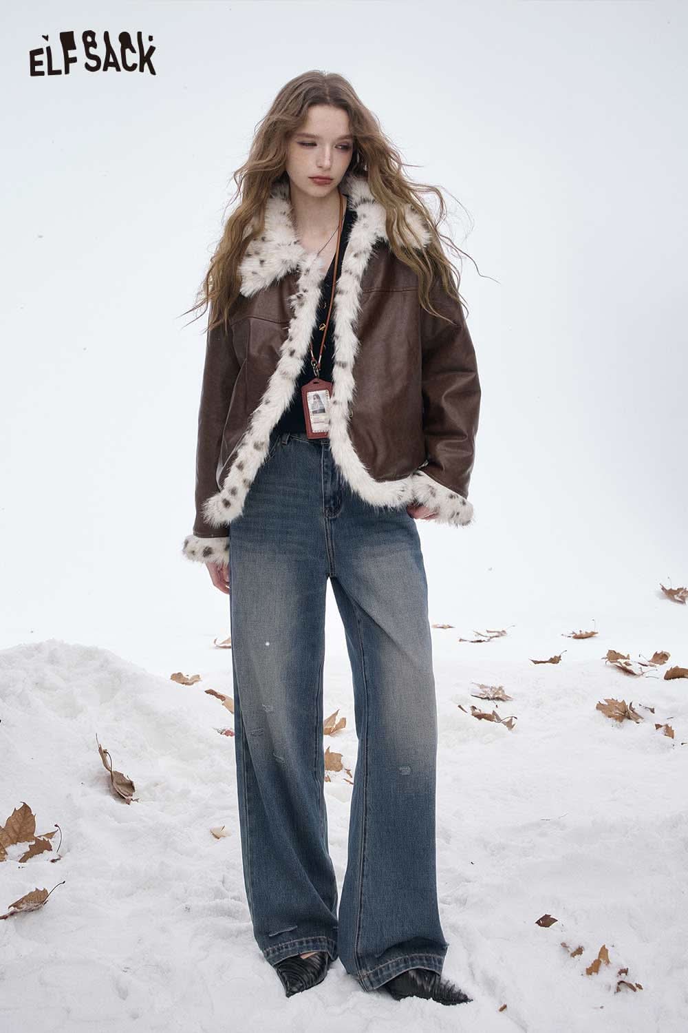 ELFSACK faux leather plush trim jacket with a stylish fur collar for winter fashion