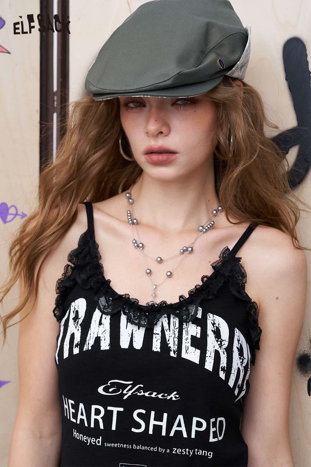 ELFSACK lace patchwork camisole for women black graphic tank with ruffled lace neckline and thin straps