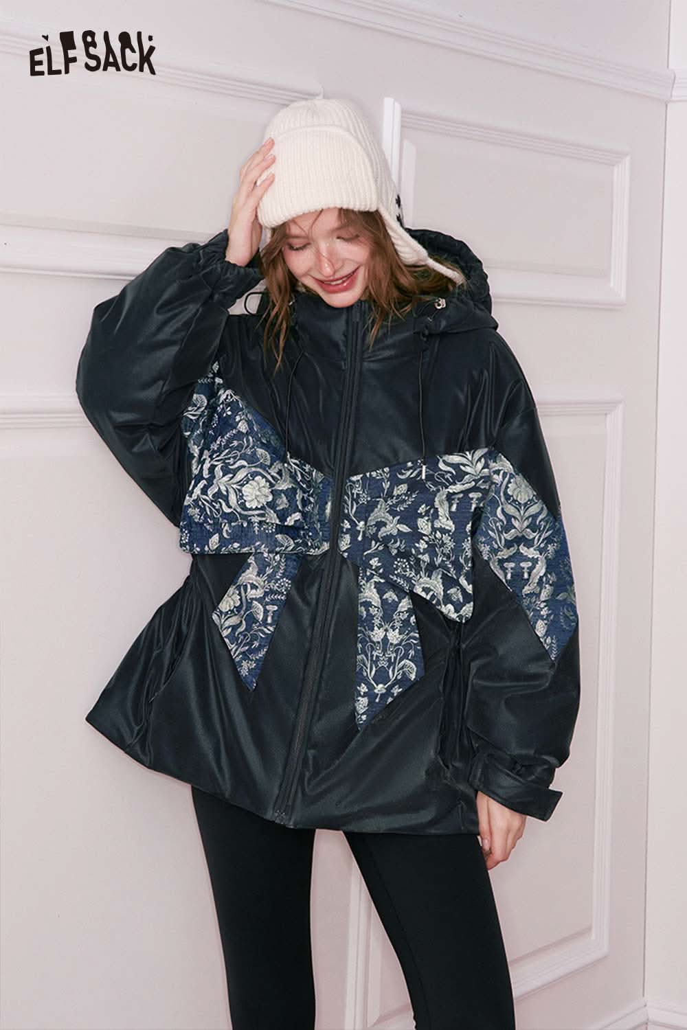 ELFSACK floral 3D bow down coat in black with unique bow design for stylish winter wear