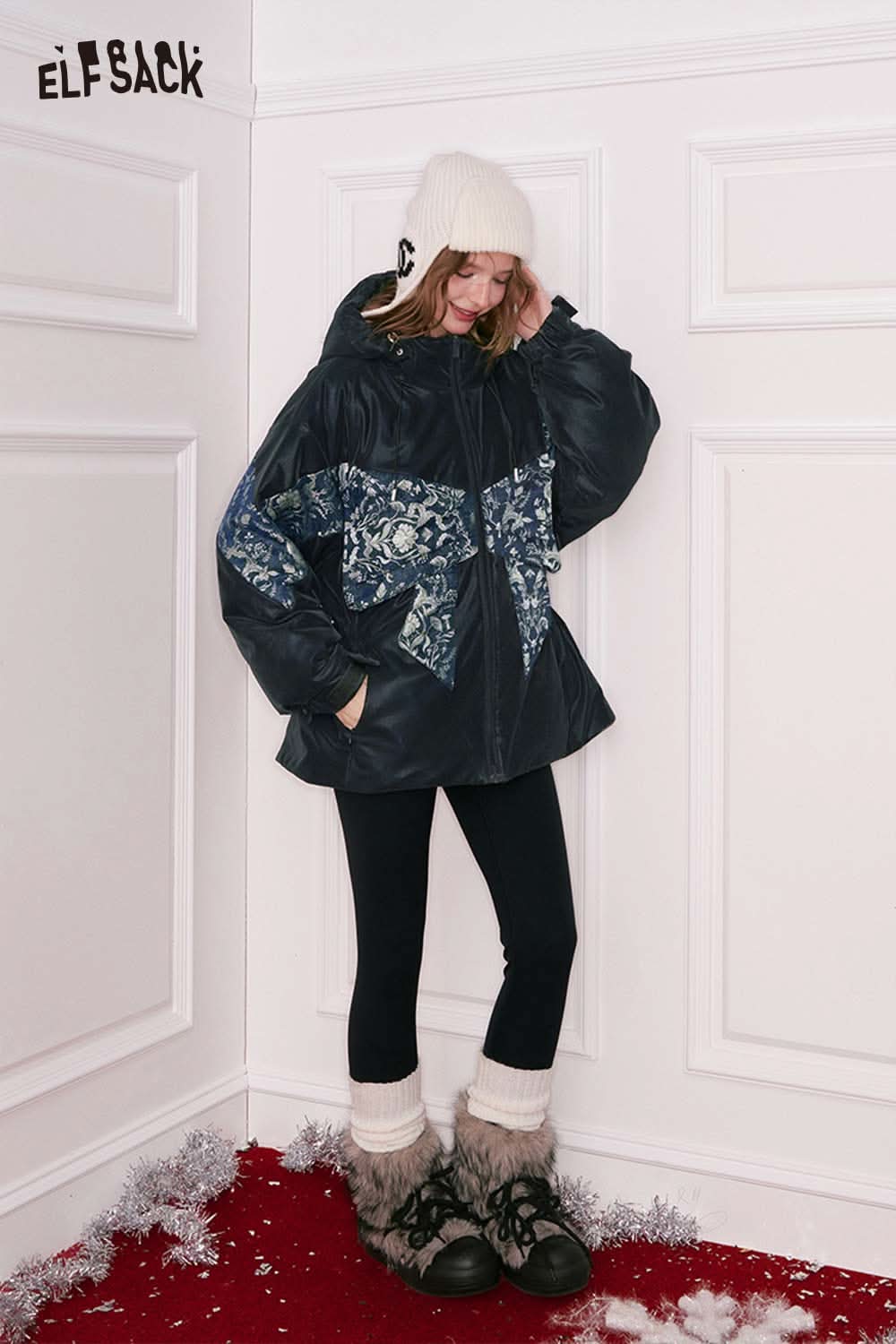 ELFSACK floral 3D bow down coat with geometric patterns and a relaxed fit for cozy winter style