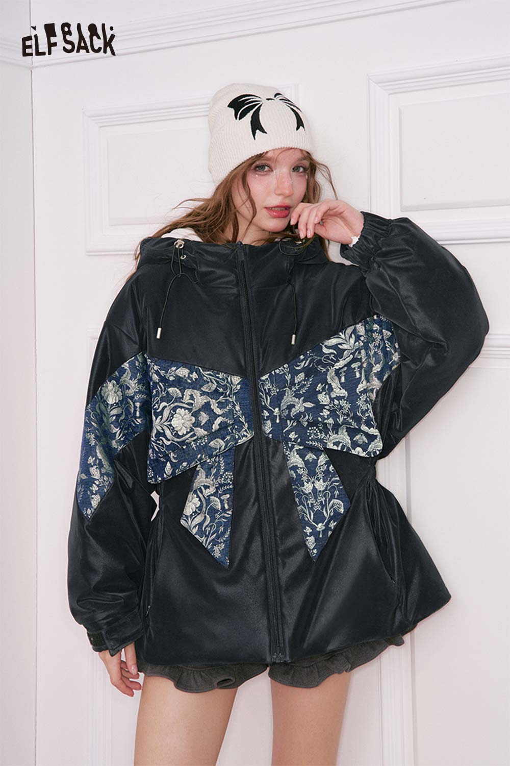ELFSACK floral 3D bow down coat with unique patterned design and cozy hood for stylish winter warmth