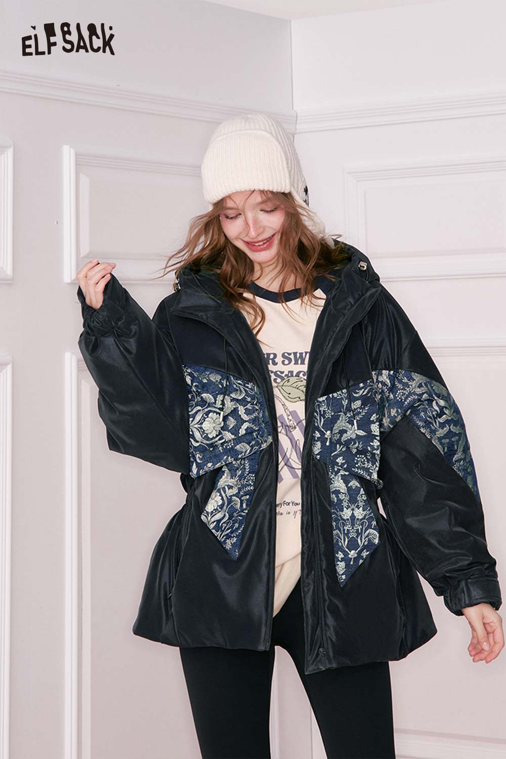 ELFSACK floral 3D bow down coat with a stylish design and hood for warmth in cold weather