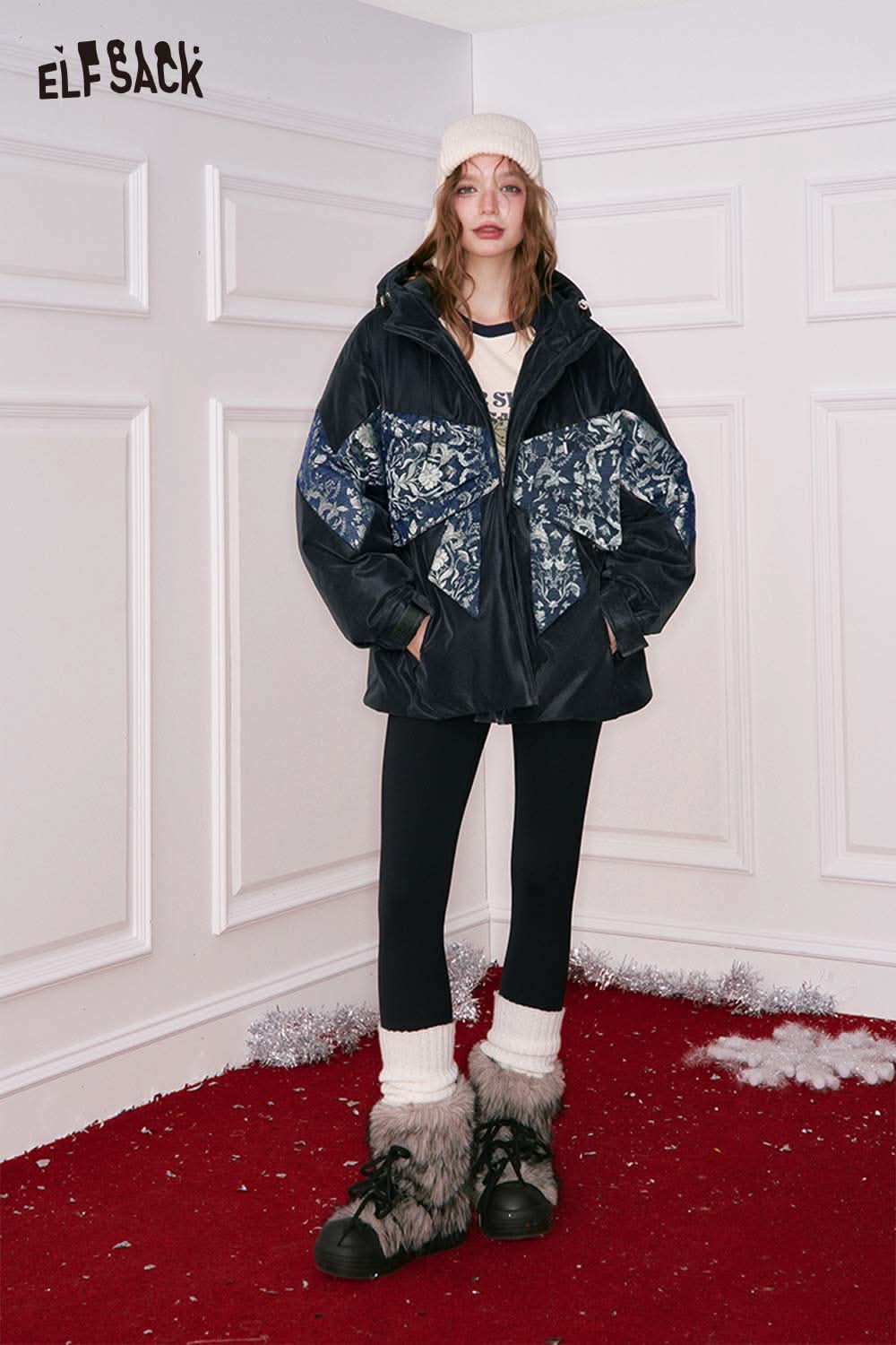 ELFSACK floral 3D bow down coat featuring oversized design and beautiful floral patterns