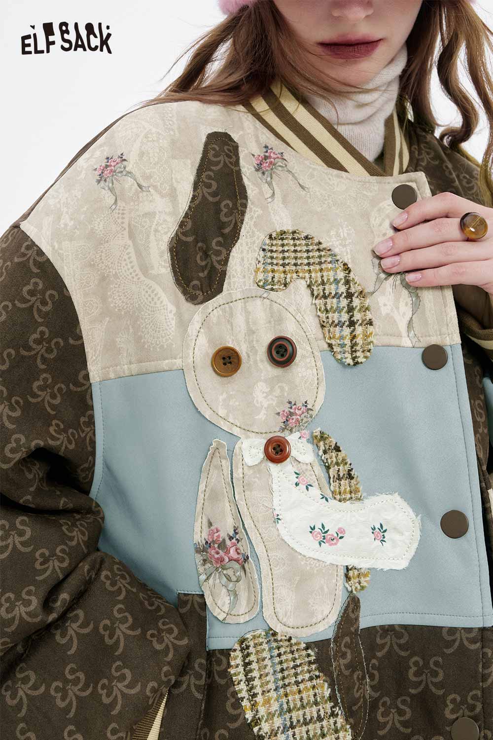 ELFSACK floral animal patchwork coat women featuring eclectic fabric designs and playful animal motifs