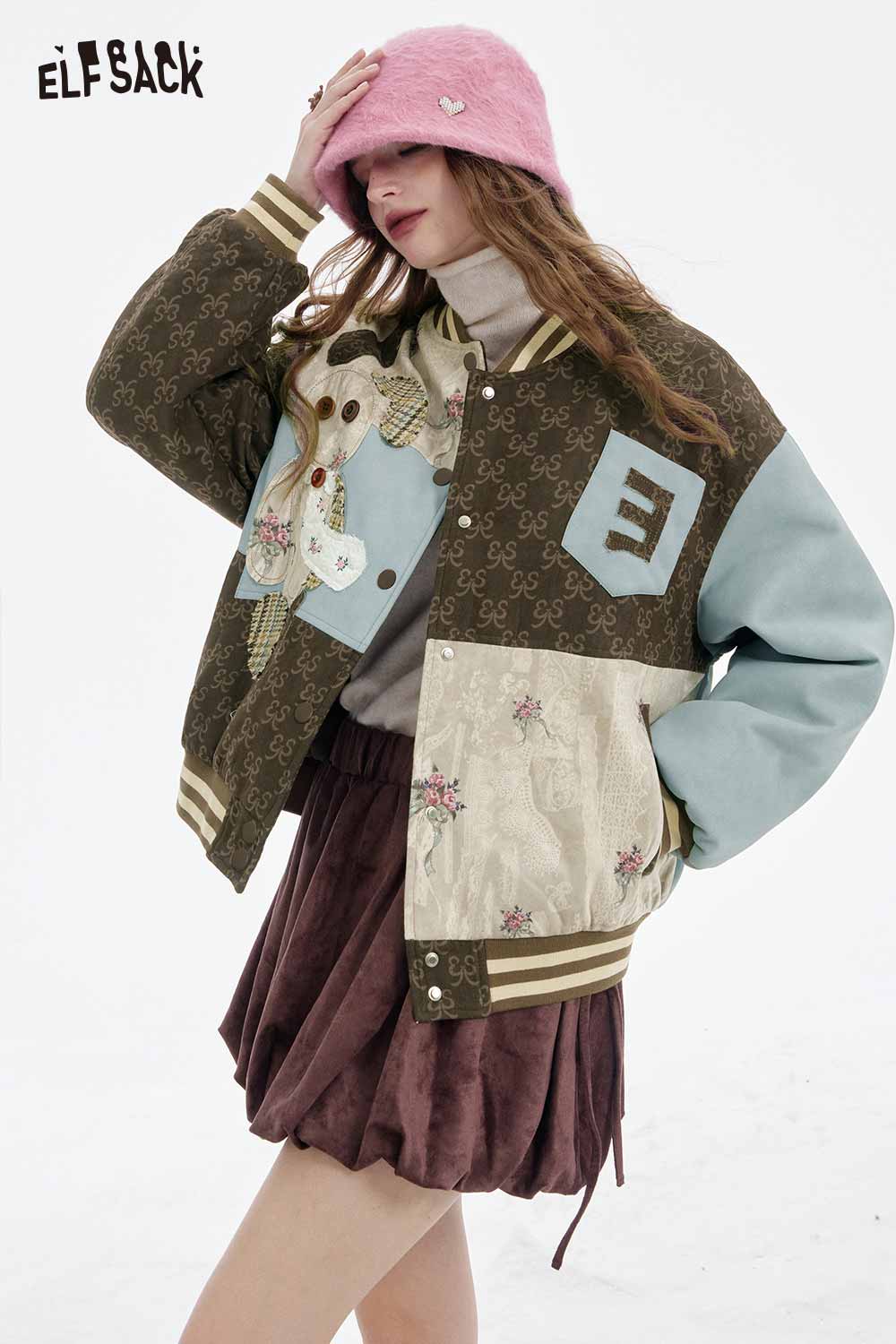 ELFSACK floral animal patchwork coat women with unique design and vibrant colors for stylish layering