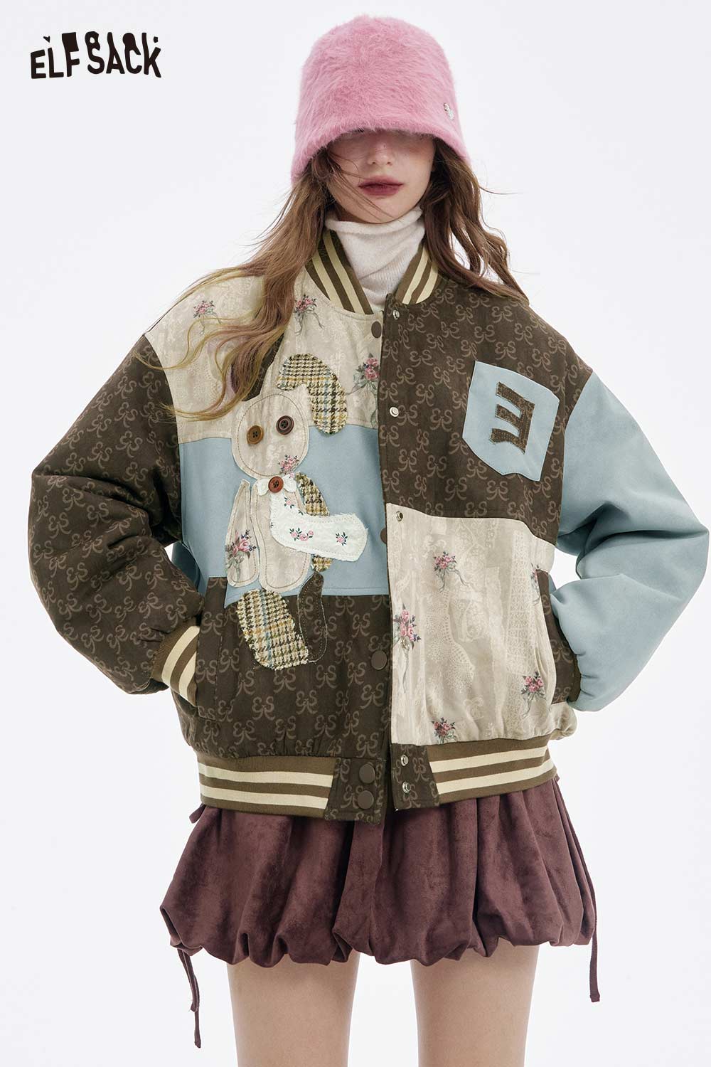 ELFSACK floral animal patchwork coat women with playful design and loose fit, perfect for a stylish look