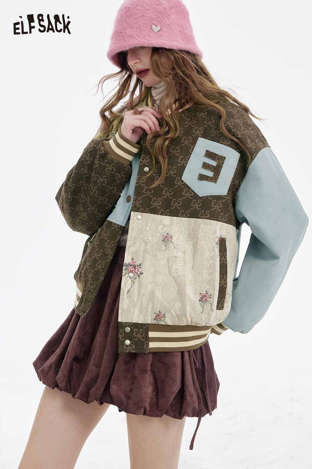 ELFSACK floral animal patchwork coat women featuring colorful designs and stylish patches