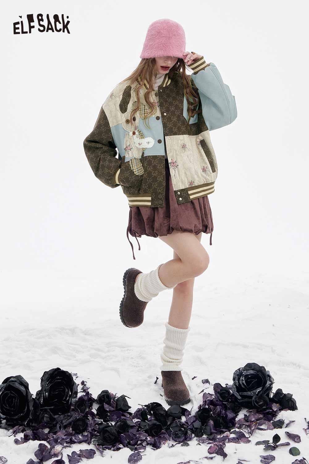 ELFSACK floral animal patchwork coat women featuring a colorful design and stylish fit for modern outfits