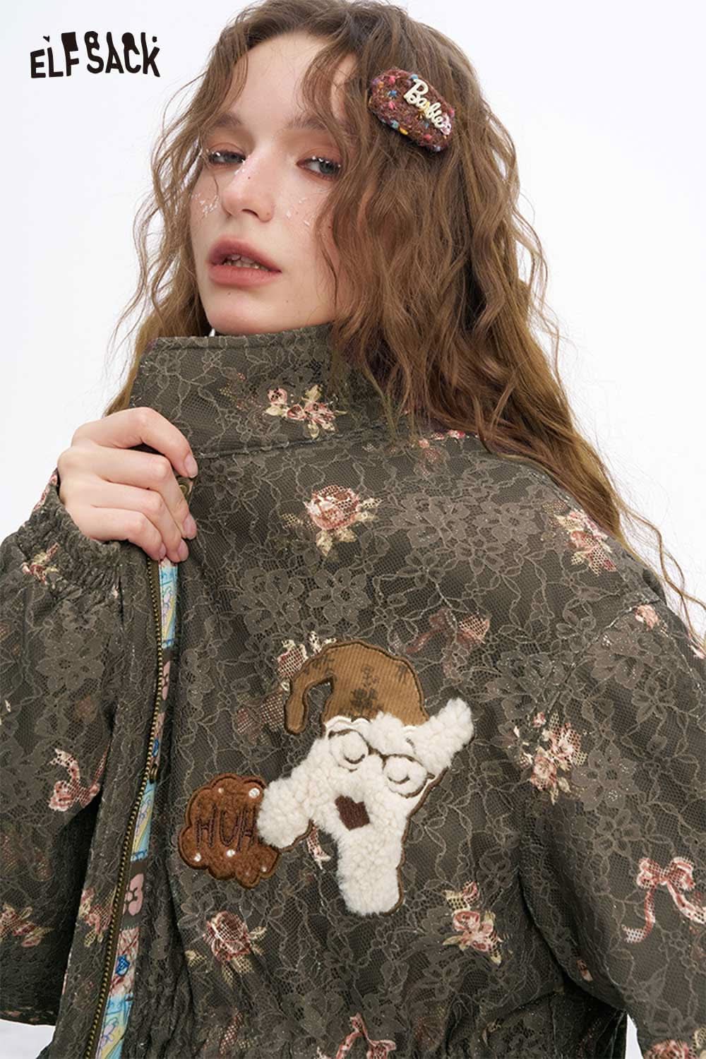 ELFSACK floral dog graphic coat featuring a unique dog design and floral patterns for stylish warmth