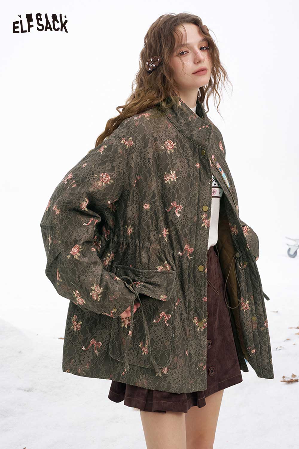 ELFSACK floral dog graphic coat in olive green with floral print and a stylish relaxed fit