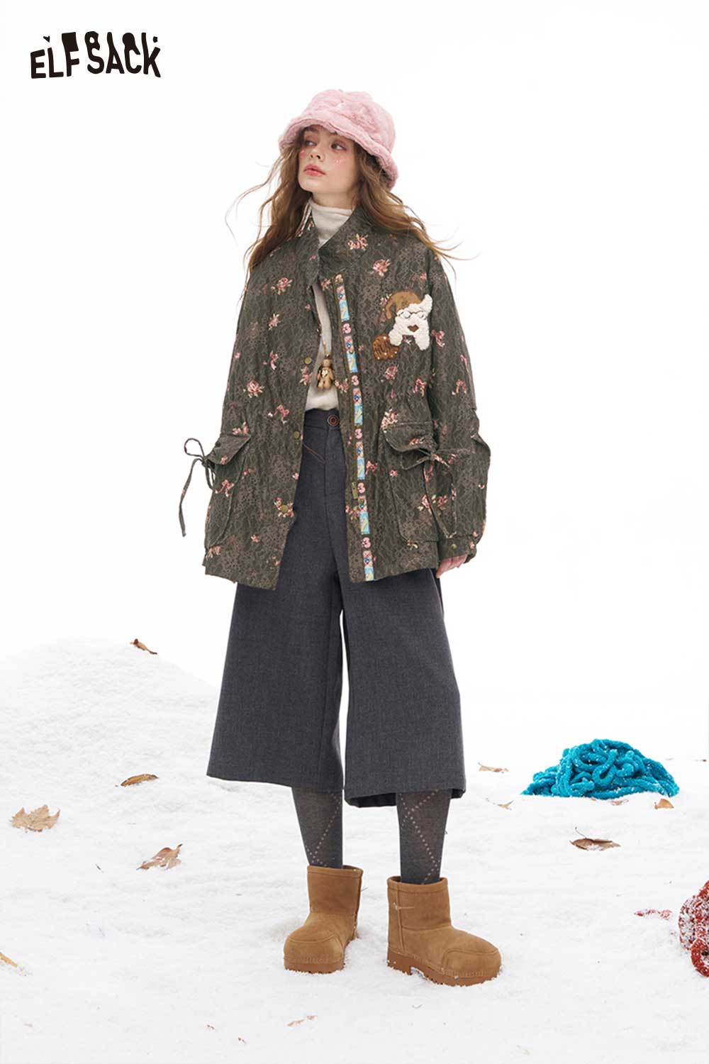 ELFSACK floral dog graphic coat featuring a unique design perfect for winter fashion