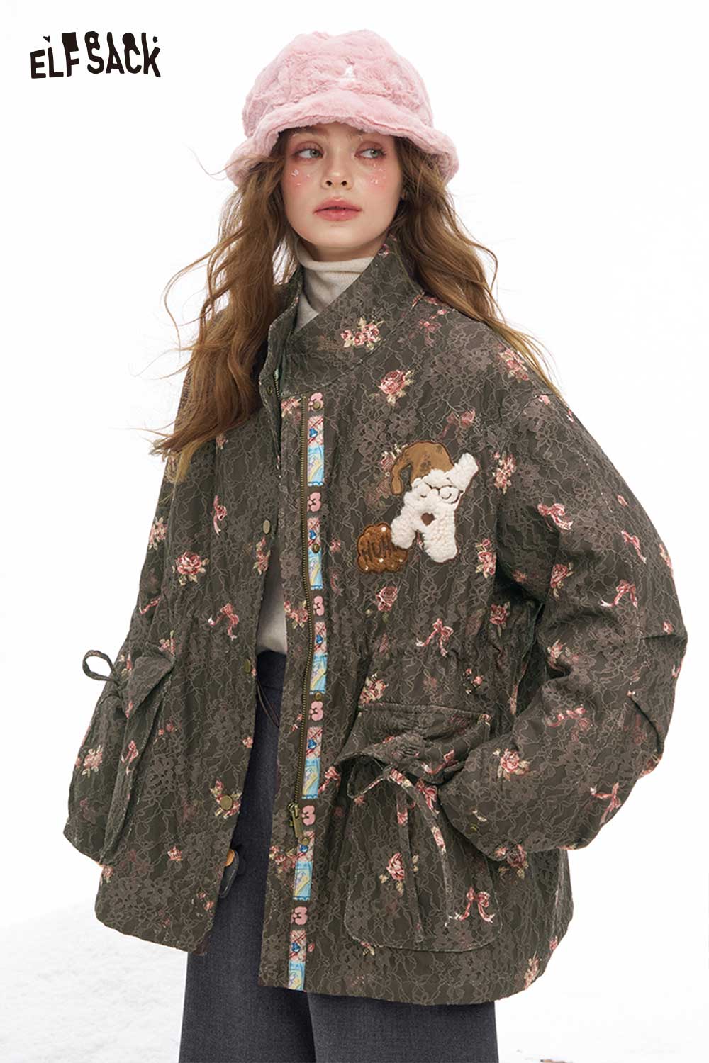 ELFSACK floral dog graphic coat featuring floral embroidery and playful dog design