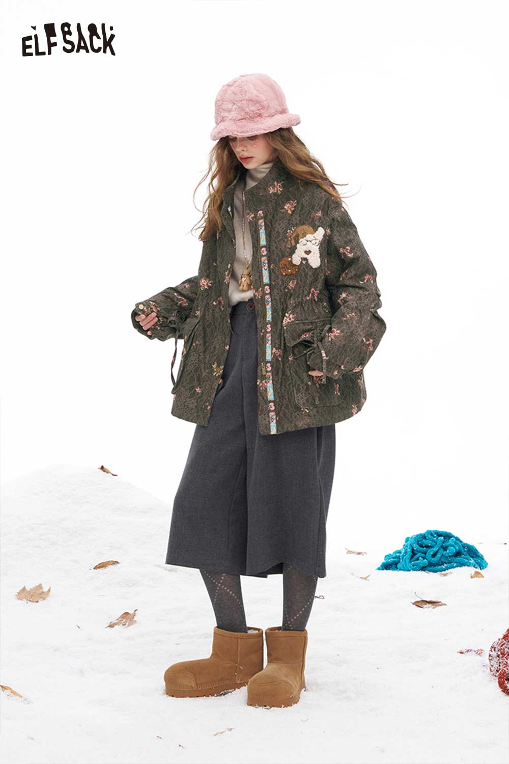 ELFSACK floral dog graphic coat featuring a playful design and warm fabric for stylish winter wear