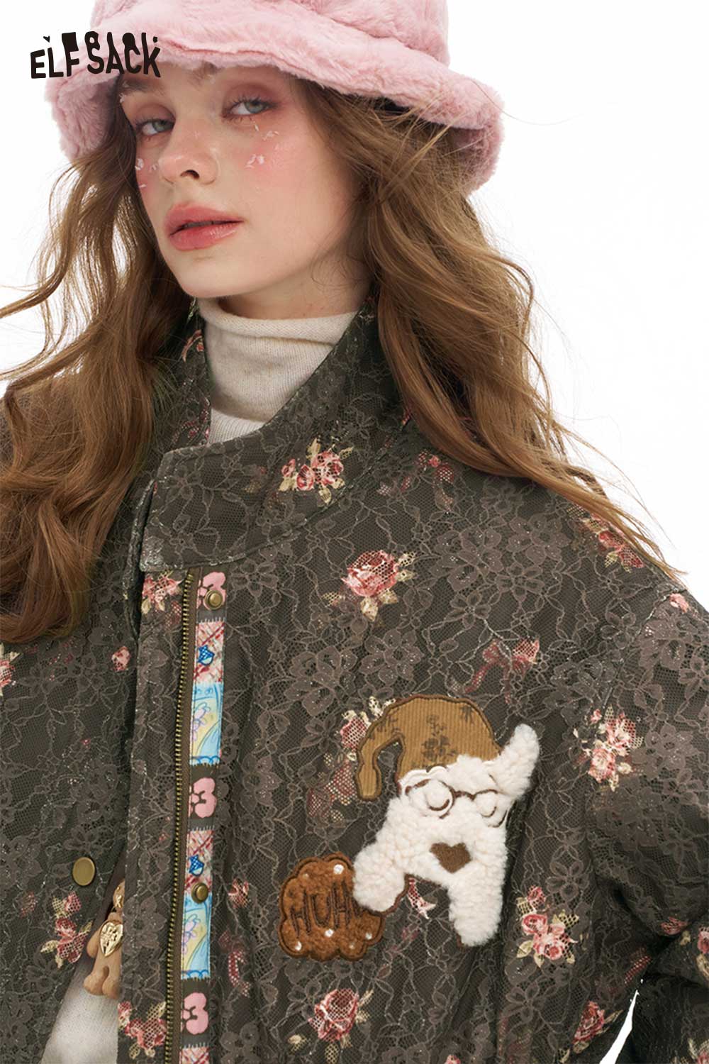 ELFSACK floral dog graphic coat with intricate lace design and playful embroidery details
