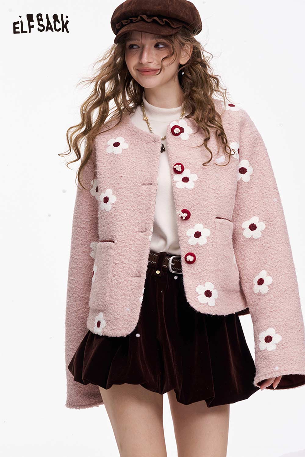 ELFSACK floral graphic cotton coat for women in pink with flower patterns and two pockets