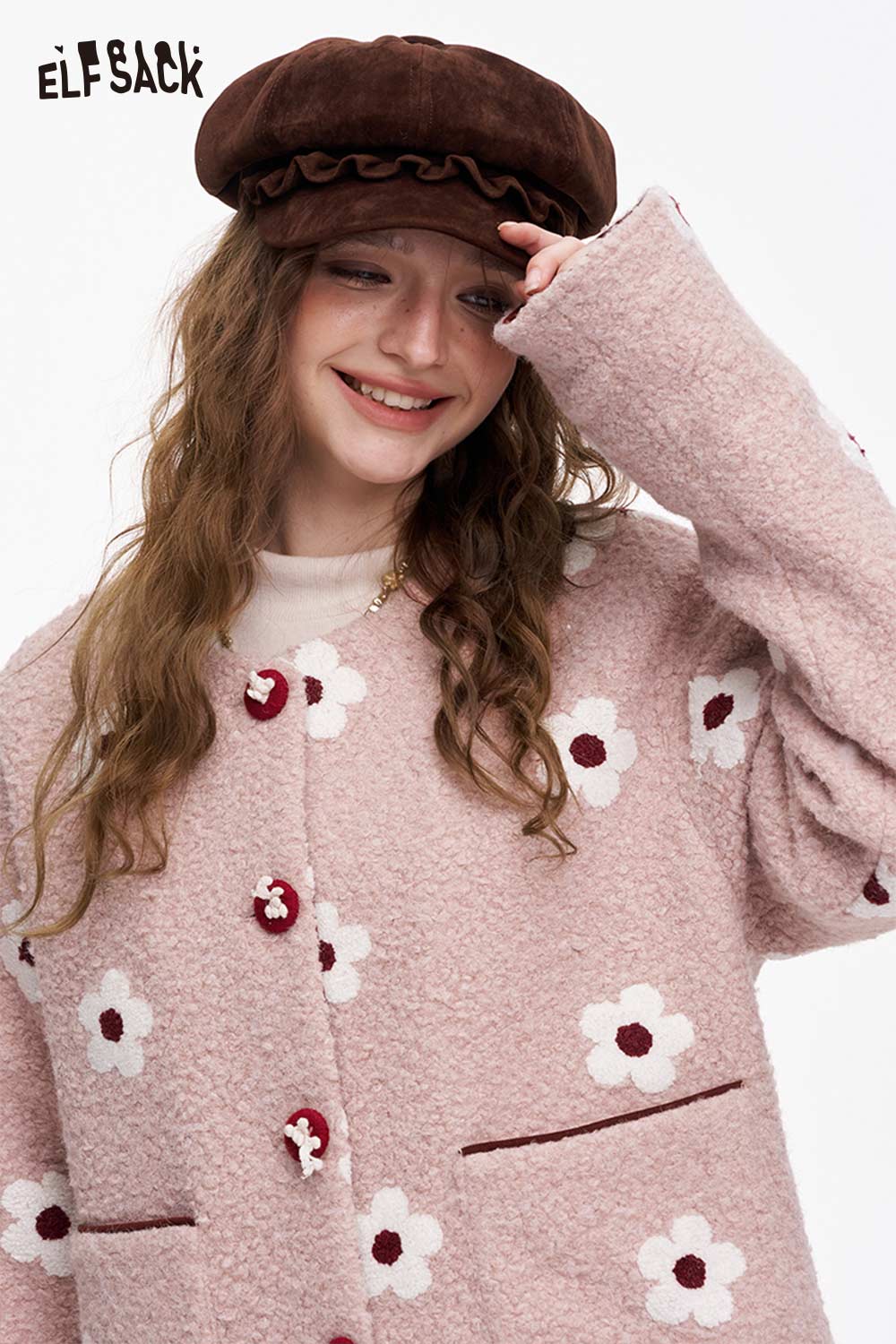 ELFSACK floral graphic cotton coat for women in pink with flower designs and button closure