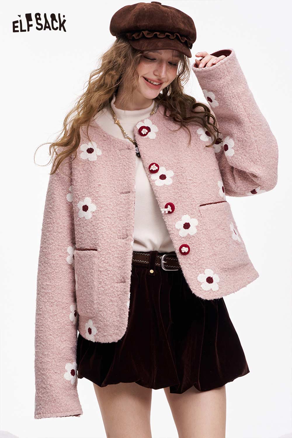 ELFSACK floral graphic cotton coat for women in pink with flower motifs and button details