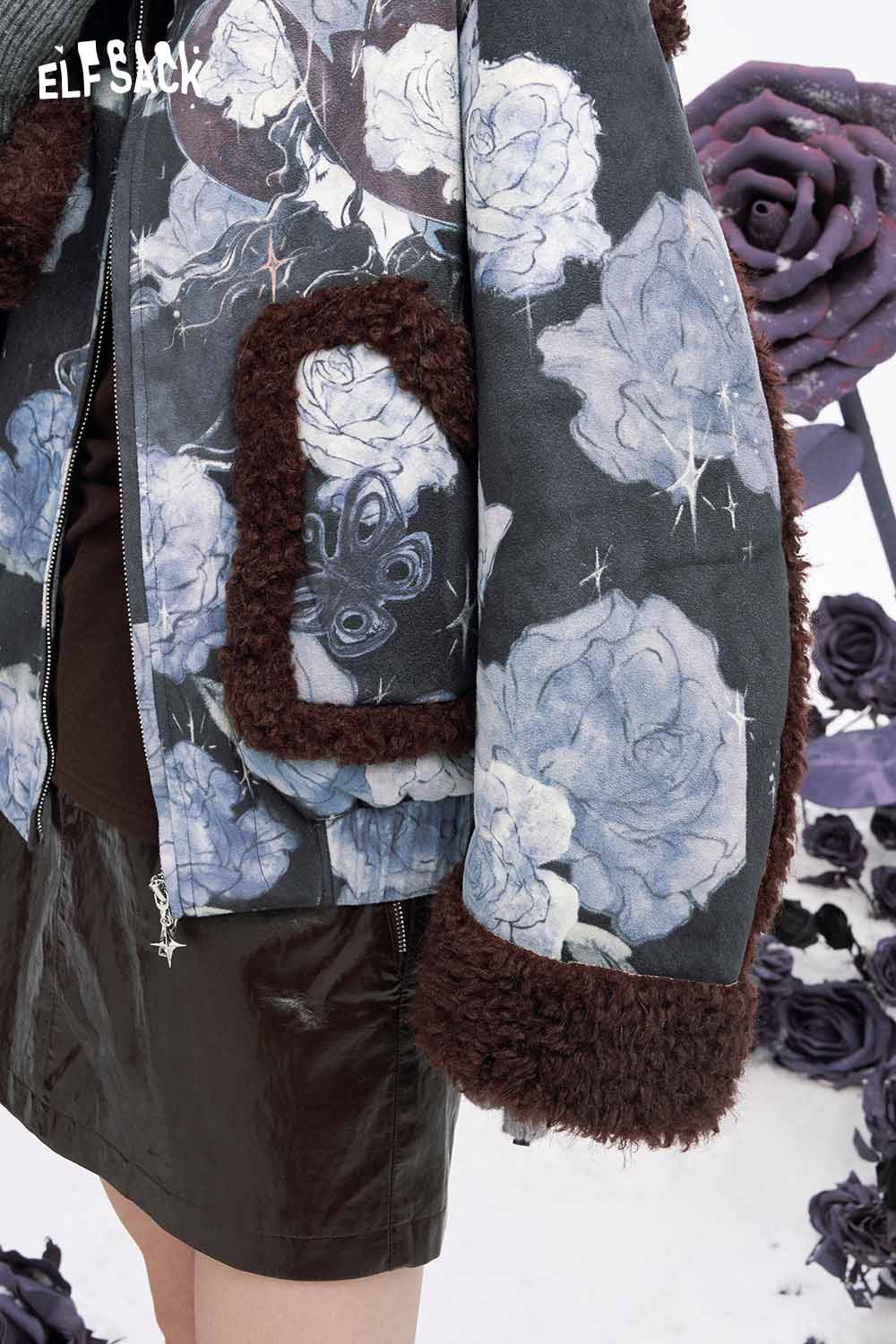 ELFSACK floral graphic lapel coat for women featuring a floral design and plush trim