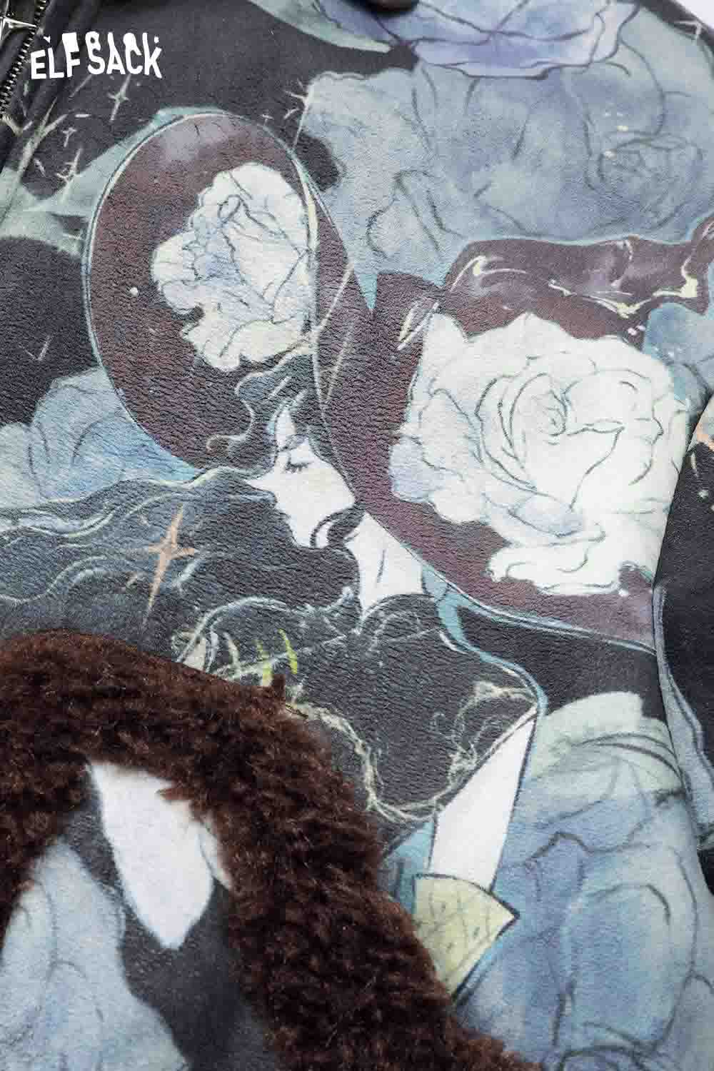 ELFSACK floral graphic lapel coat for women featuring a colorful artistic design with elegant floral patterns