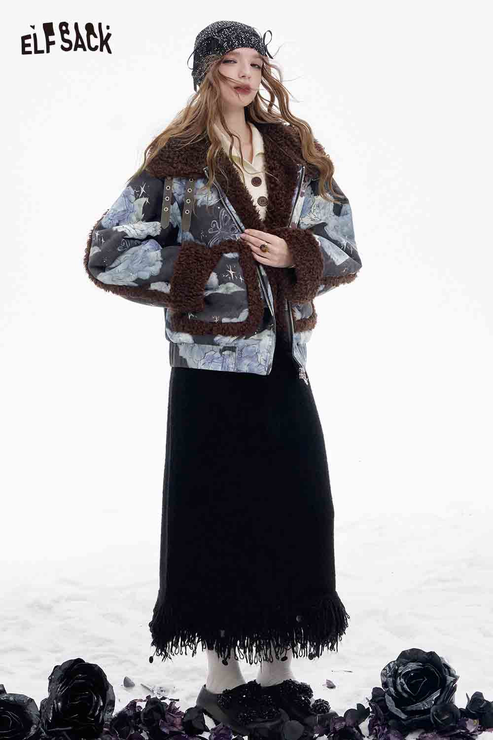 ELFSACK floral graphic lapel coat for women with cozy fur collar and stylish floral pattern