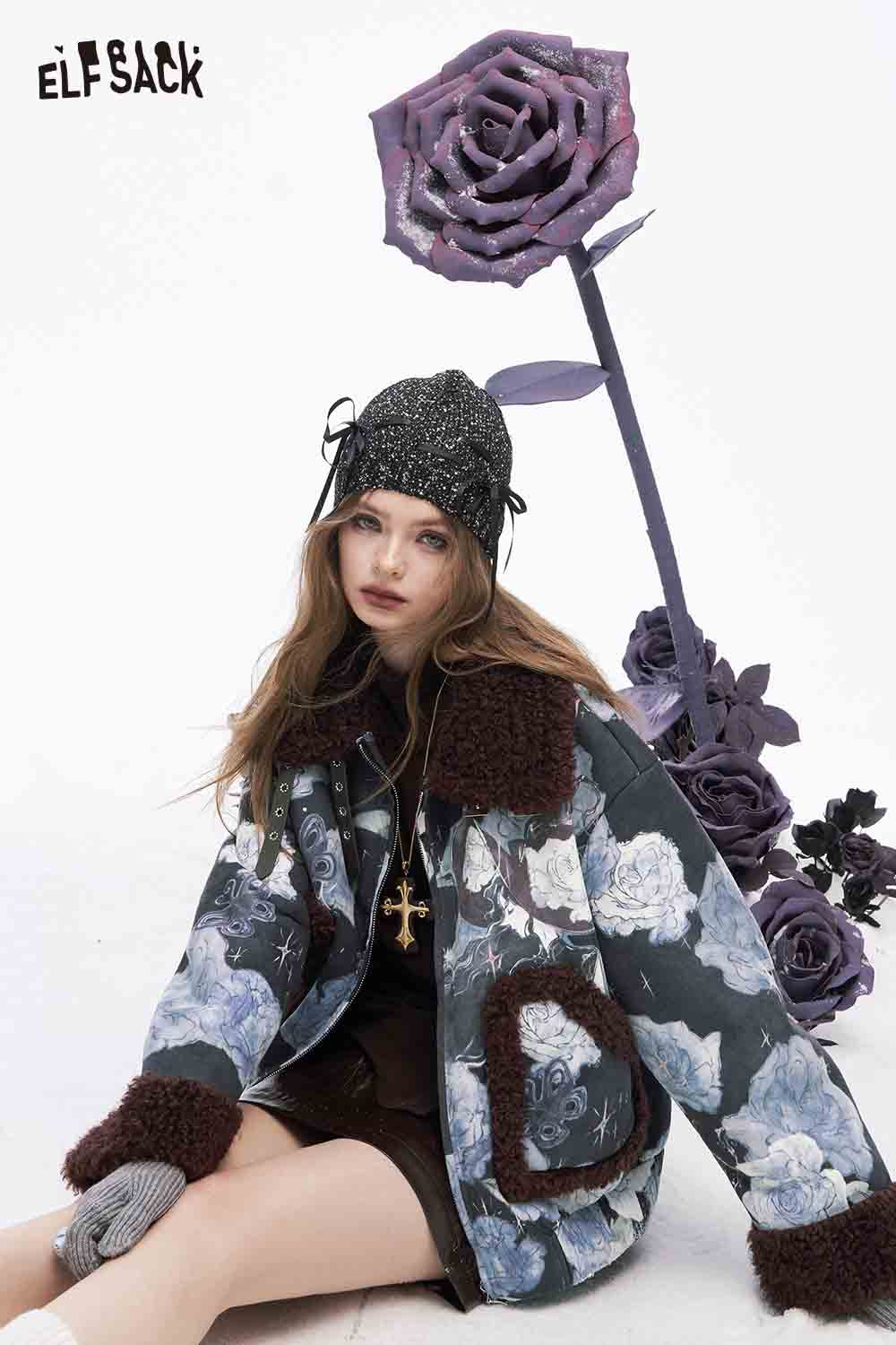 ELFSACK floral graphic lapel coat for women featuring a cozy design and floral patterns